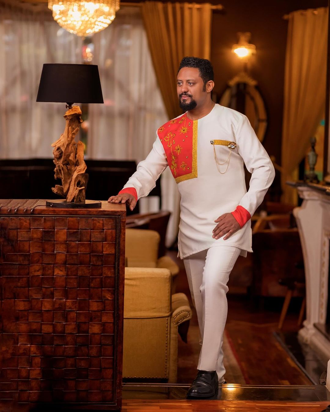 Golden Threads of Tradition: Simple Red Habesha Men's Shirt in Pisi Fabric