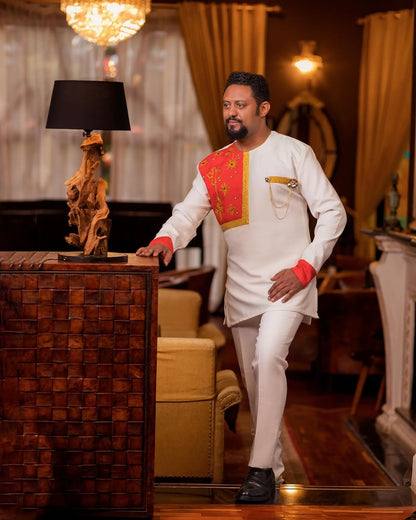 Golden Threads of Tradition: Simple Red Habesha Men's Shirt in Pisi Fabric