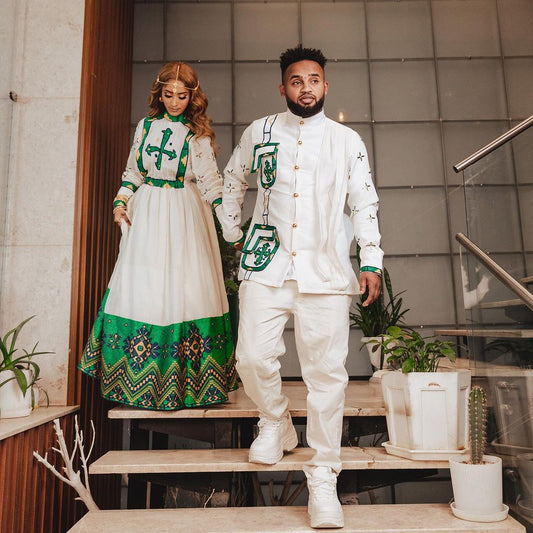 Harmony in Green: Ethiopian cultural bliss with habesha couples' outfit