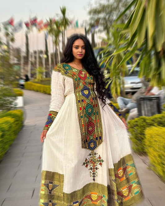Verdant elegance habesha dress in menen fabric detailed pattern habesha dress