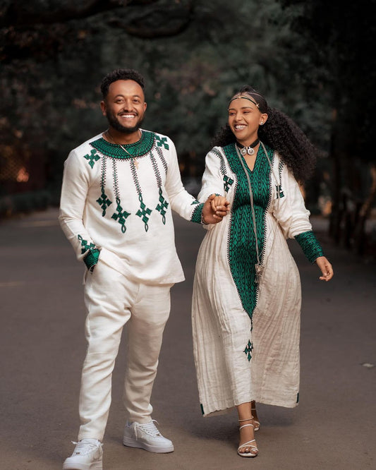 Green fetil harmony habesha couples' cultural ensemble habesha couple's outfit