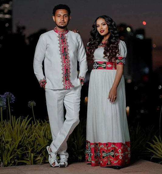Contemporary Elegance: Habesha Couples' Ensemble in Menen and Pisi Fabrics