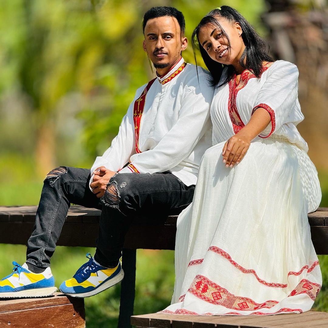 Timeless Unity: Simple Red Menen Habesha Couples' Ensemble Habesha Couple's Outfit