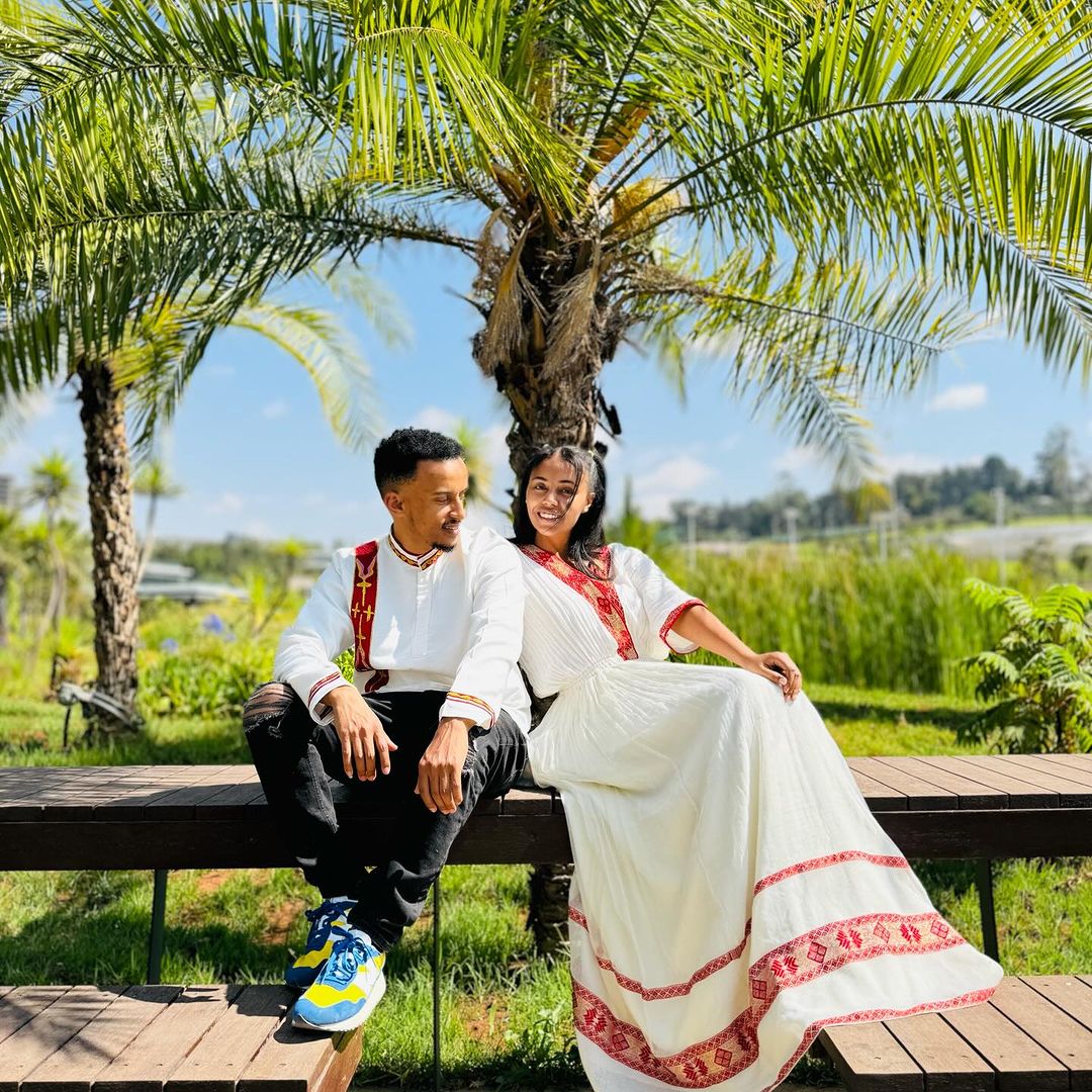Timeless Unity: Simple Red Menen Habesha Couples' Ensemble Habesha Couple's Outfit