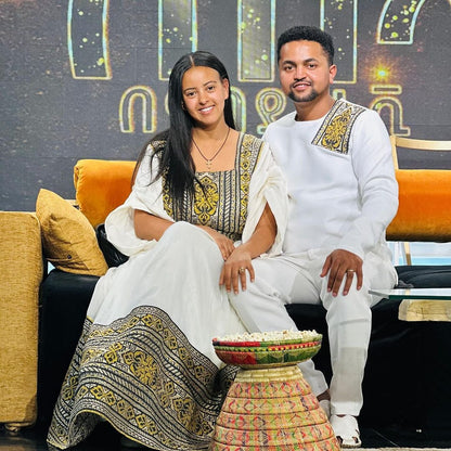 Exquisite Unity: Detailed Couples' Ethiopian Outfit Habesha Couple's Outfit
