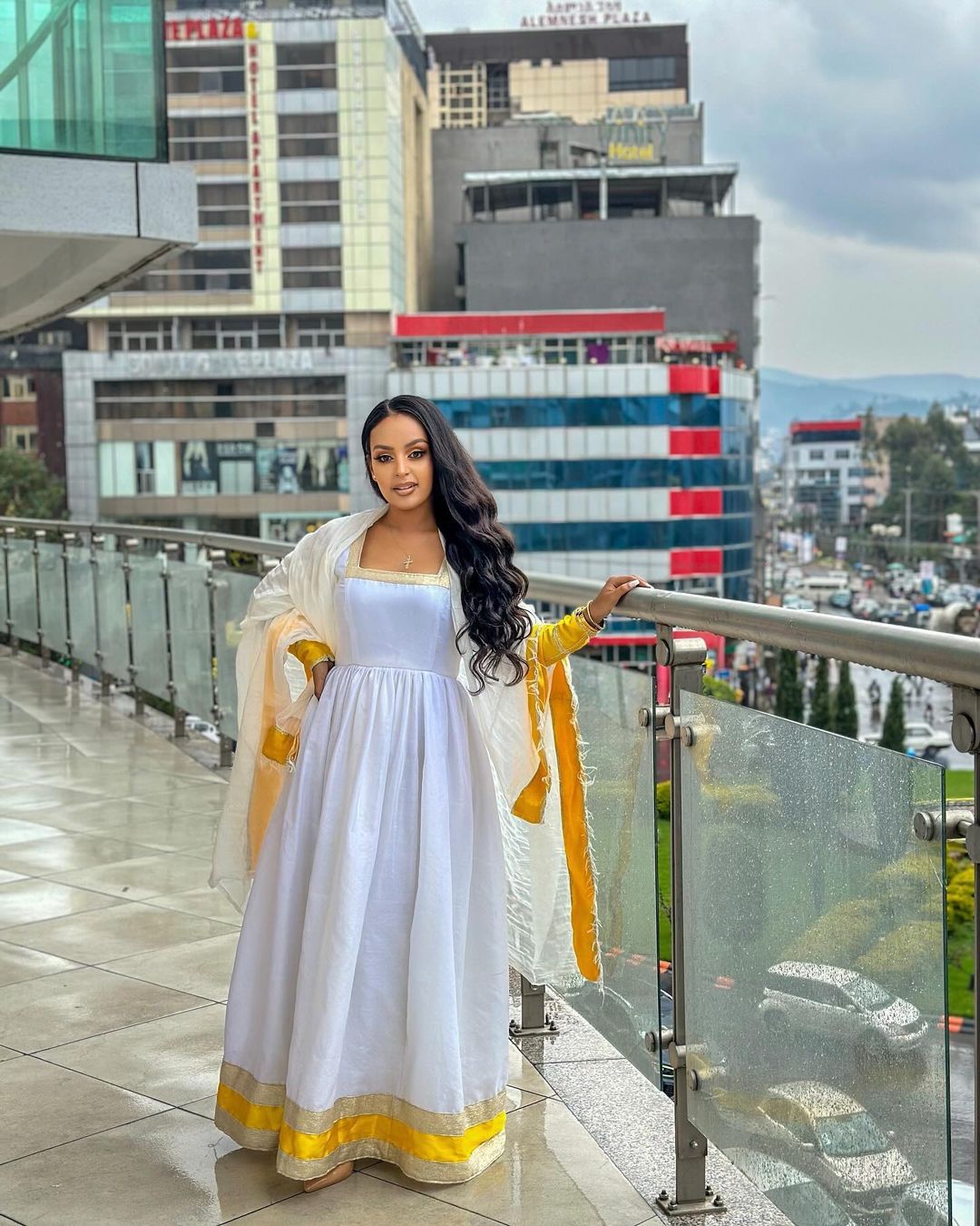 Coral Habesha Dress – Modern Flowing A-Line with Gold Tibeb Accents main image 1