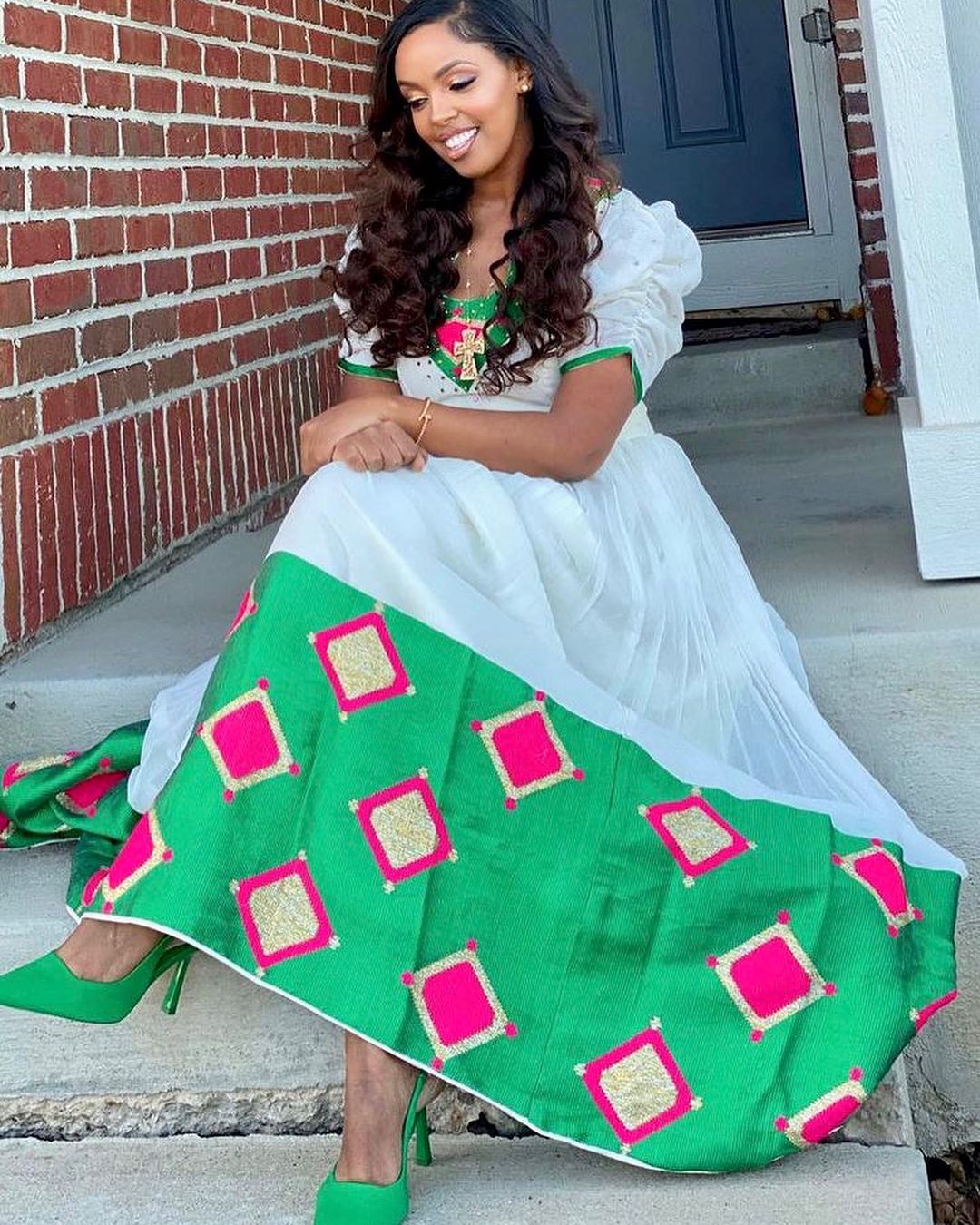 Adorning the Habesha Kemis with Pink Diamond-like Designs Habesha Dress Modern Ethiopian Dress Style