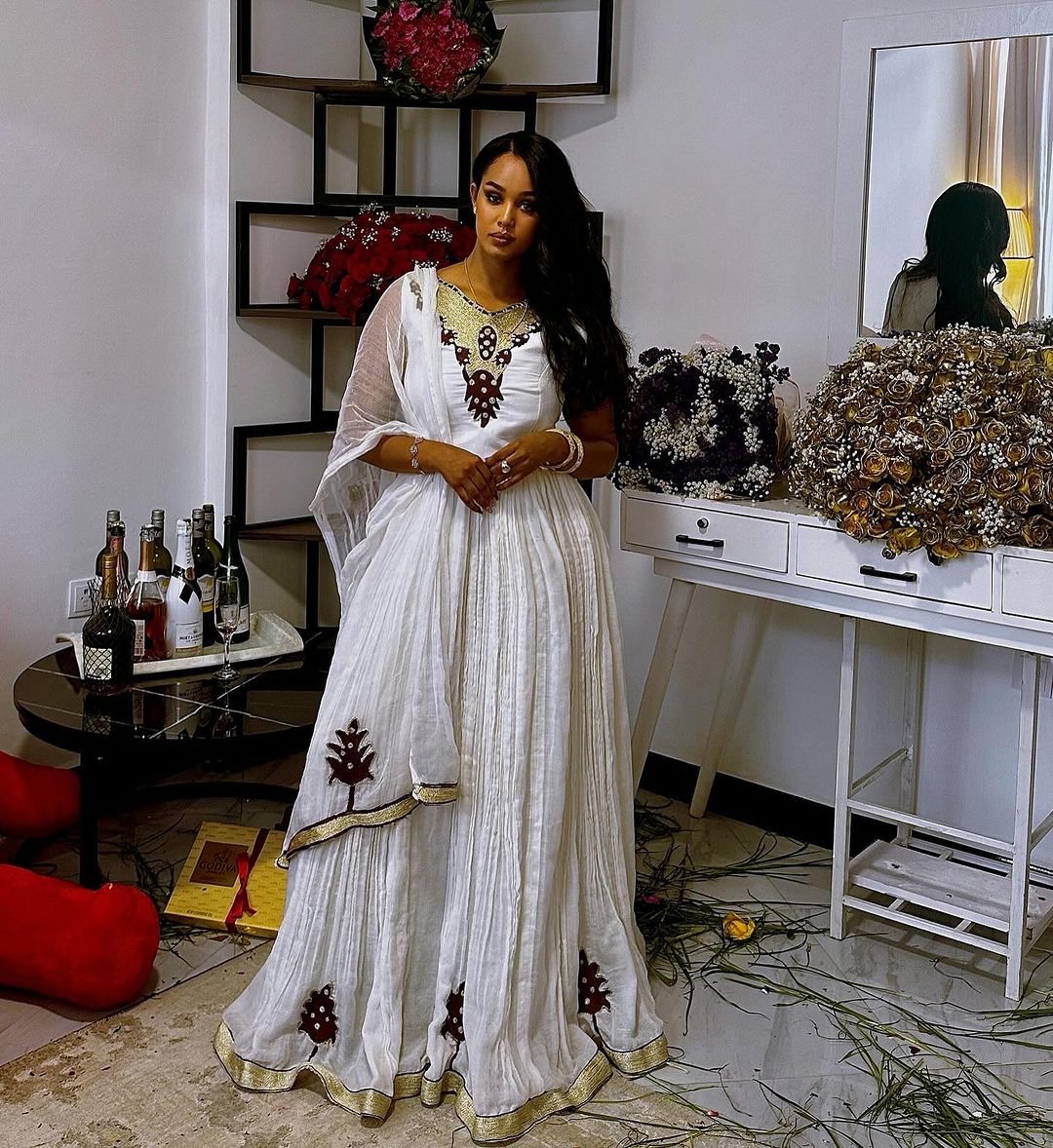 Radiant Elegance Golden Design Habesha Dress Modern Habesha Kemis Ethiopian Dress Style