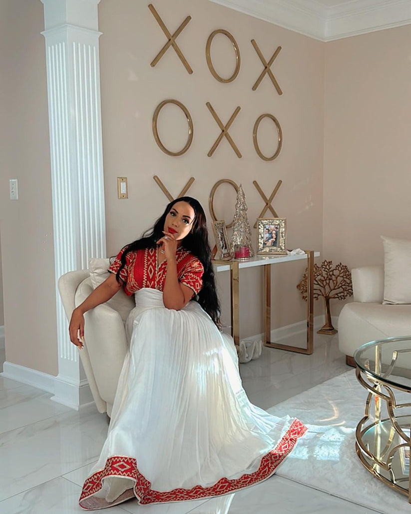 Red Ethiopian Dress – Luxury Habesha Kemis with Netela
