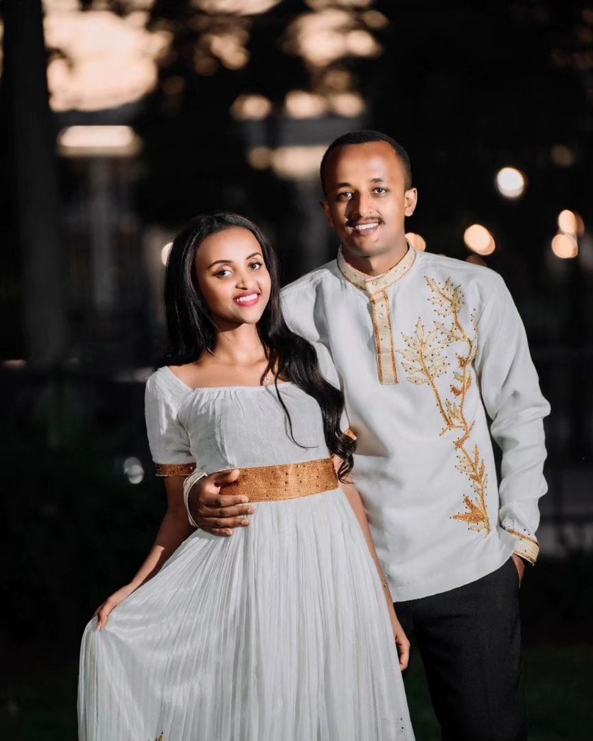 Simplistic Brown Habesha Couples Outfit Modern Ethiopian Wedding Outfit Matching Couples Outfit