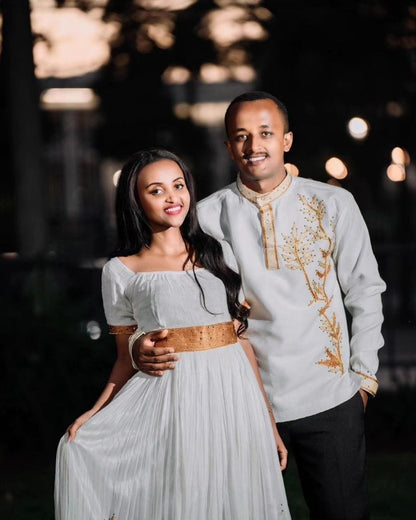Simplistic Brown Habesha Couples Outfit Modern Ethiopian Wedding Outfit Matching Couples Outfit