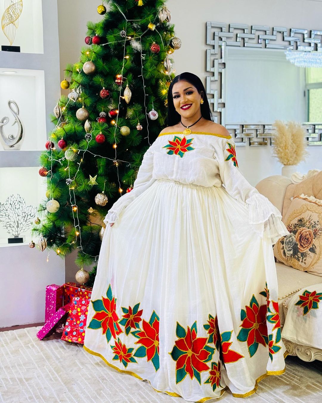 Red Flower Design Habesha Dress Habesha Kemis Ethiopian Dress Style Traditional Habesha Libs