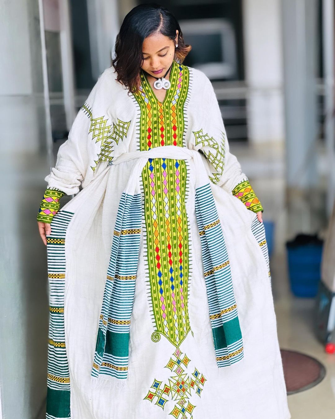Green Habesha Kemis – Traditional Ethiopian Party Dress with Embroidered Borders