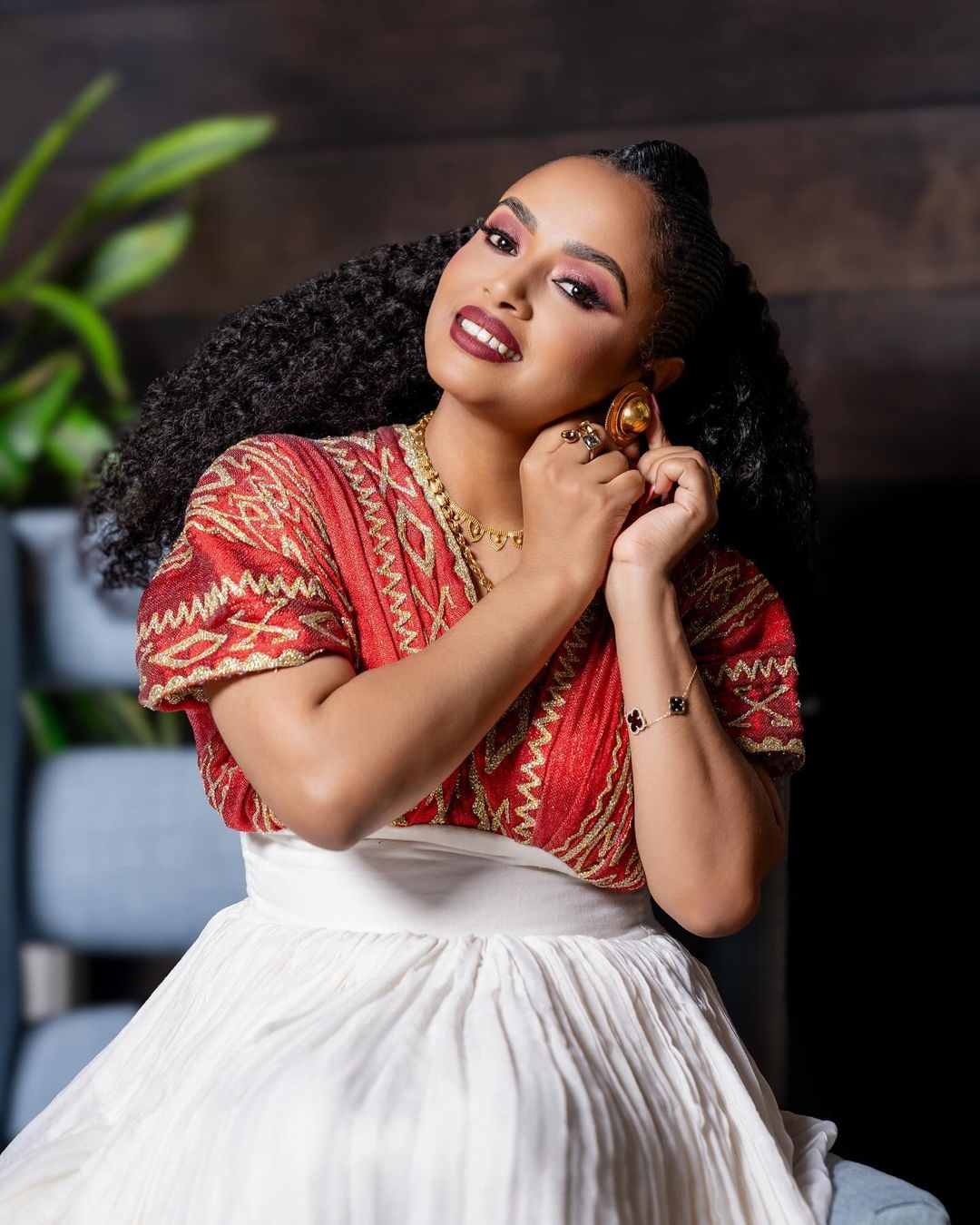 Red Habesha Dress with Golden Pattern Habesha Kemis Modern Ethiopian Dress Style