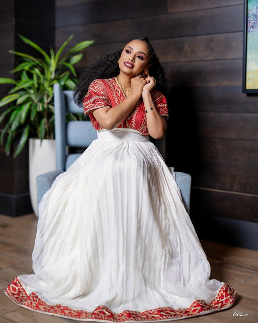 Red Habesha Dress with Golden Pattern Habesha Kemis Modern Ethiopian Dress Style
