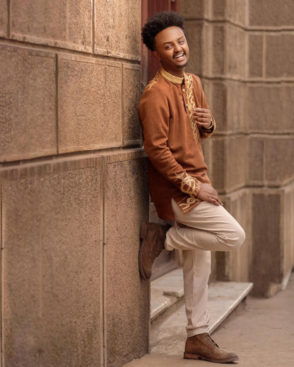 Brown Habesha Men's Shirt with Golden Design Habesha Men's Outfit Modern Habesha Shirt Simple Habesha Shirt Style
