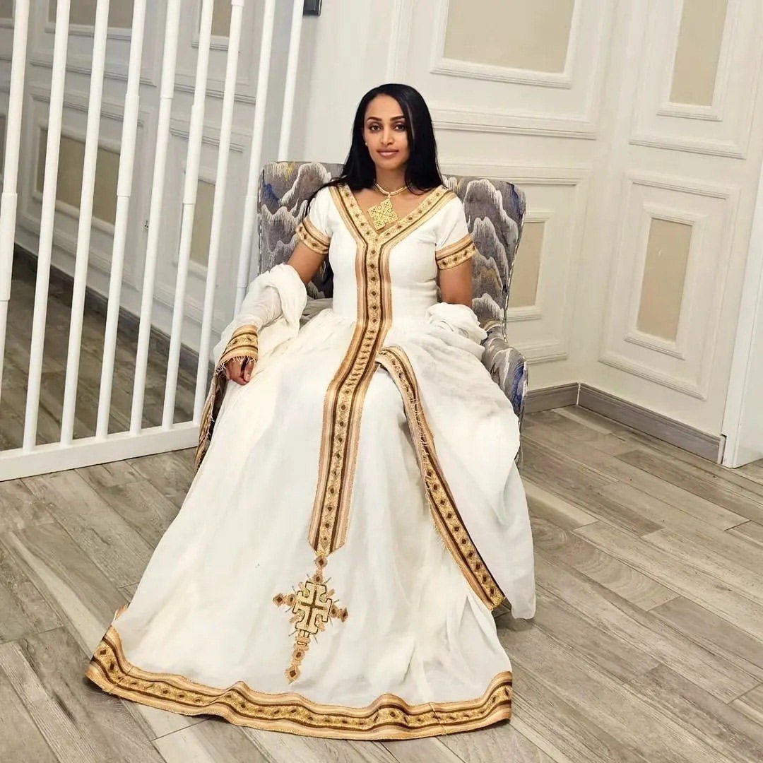 Brown and Golden Habesha Dress Elegant Habesha Kemis Modern Ethiopian Dress