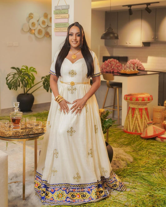 Blue Design with Golden Sparkle Habesha Dress Modern Habesha Kemis Traditional Ethiopian dress Style