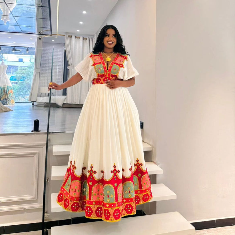Traditional Ethiopian Habesha Dress for Women - White Habesha Kemis with Red Tibeb
