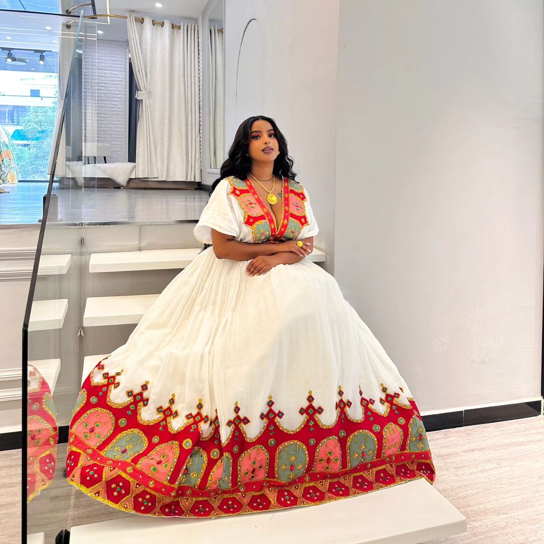 Red Beaded Exquisite Habesha Dress Modern Habesha Kemis Traditional Ethiopian dress Style