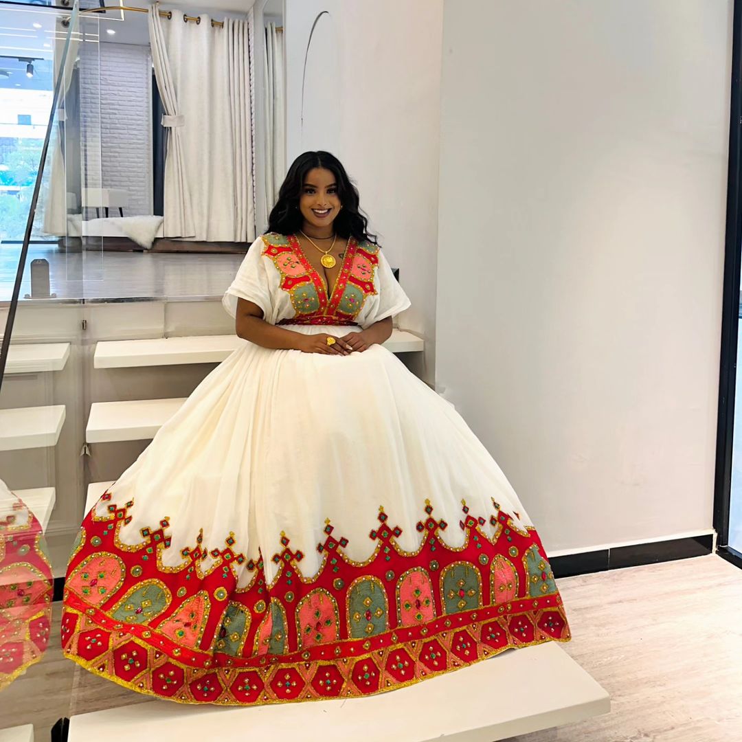 Red Beaded Exquisite Habesha Dress Modern Habesha Kemis Traditional Ethiopian dress Style