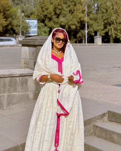 Habesha Dress in Pink Fetil Fabric
