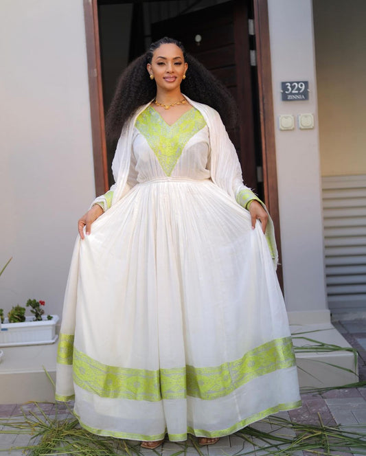 Vibrant Lemon Green Habesha Dress