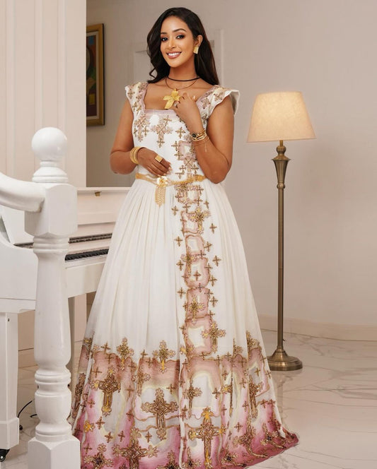 Beaded Modern Ethiopian Dress Light Hues Habesha Wedding Dress