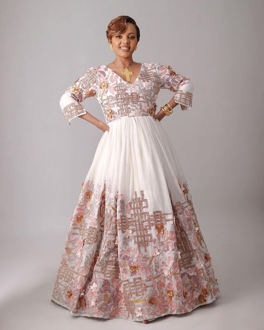 Sparkling Modern Ethiopian Dress Flower Design Habesha Wedding Dress