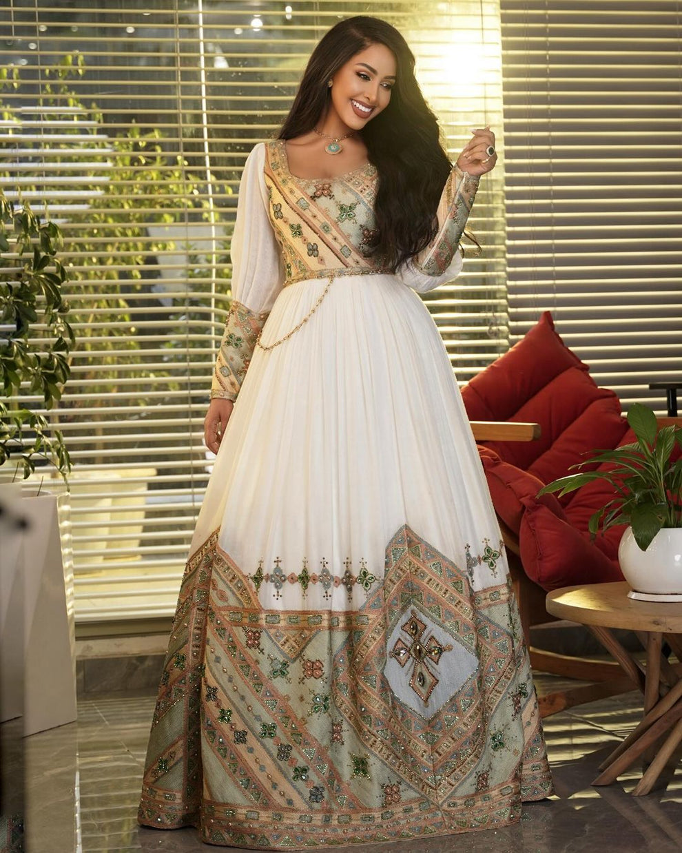 Pure White and Red Habesha Wedding Dress – Wide Tibeb Border & Matching Netela