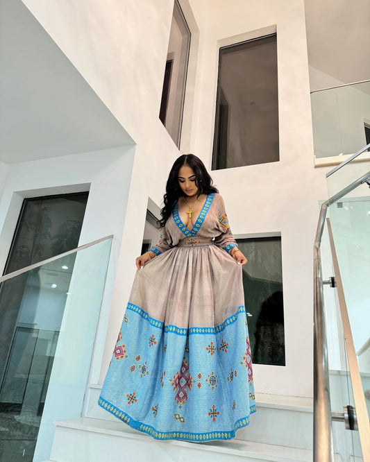 Stylish Modern Ethiopian Dress with Blue Wide Tilet Design Ethiopian Traditional Dress