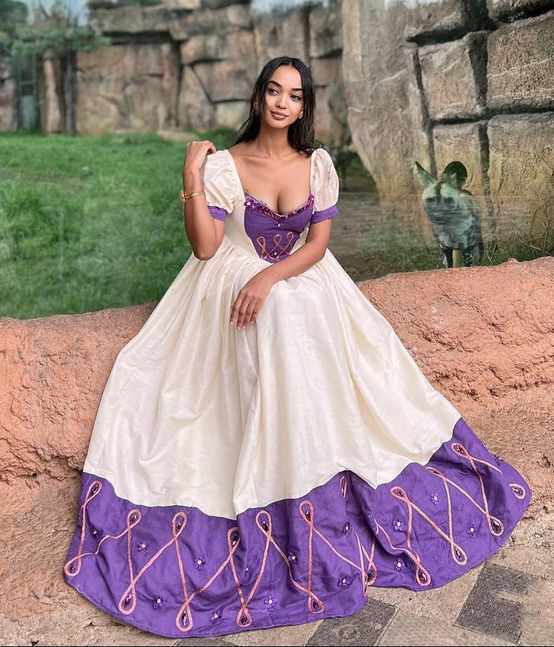 Cultural Habesha Kemis For Women, New purple Tilet Eritrean & Ethiopian Traditional Dress, Custom Made Wear