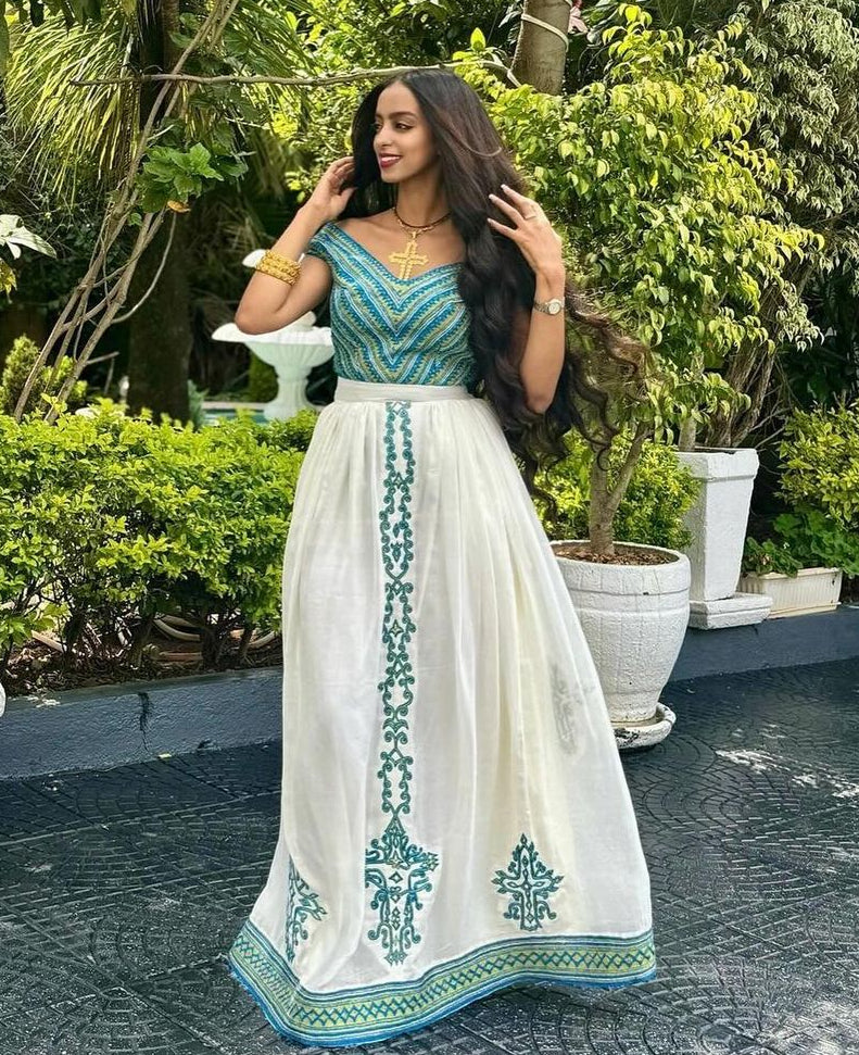 ethiopian traditional dress blue Gorgeous Blue Habesha Dress Modern Ethiopian Traditional Dress Elegant Habesha Kemis S