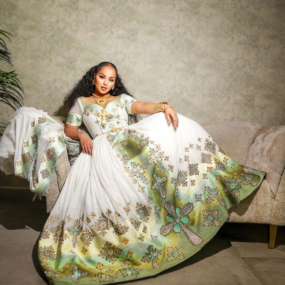 Beautiful white Habesha Wedding Dress with Purple Tibeb – Regal Ethiopian Dress main image 1