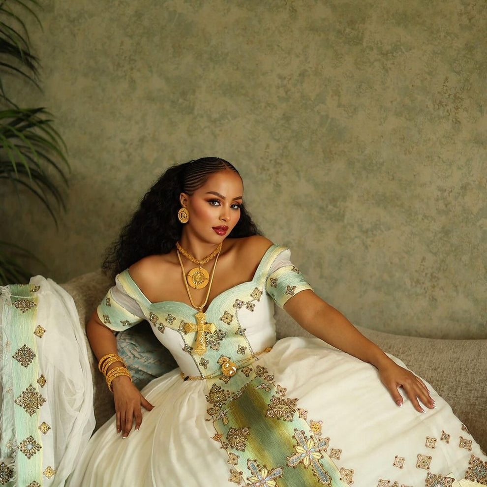 Gold Luxury Ethiopian Wedding Dress – Royal Habesha Bridal tibeb with Elegant Embroidery main image 1