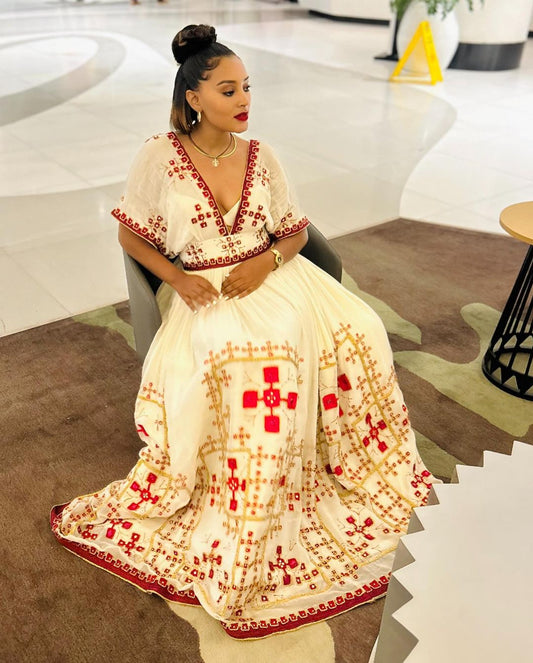 Red beaded habesha dress