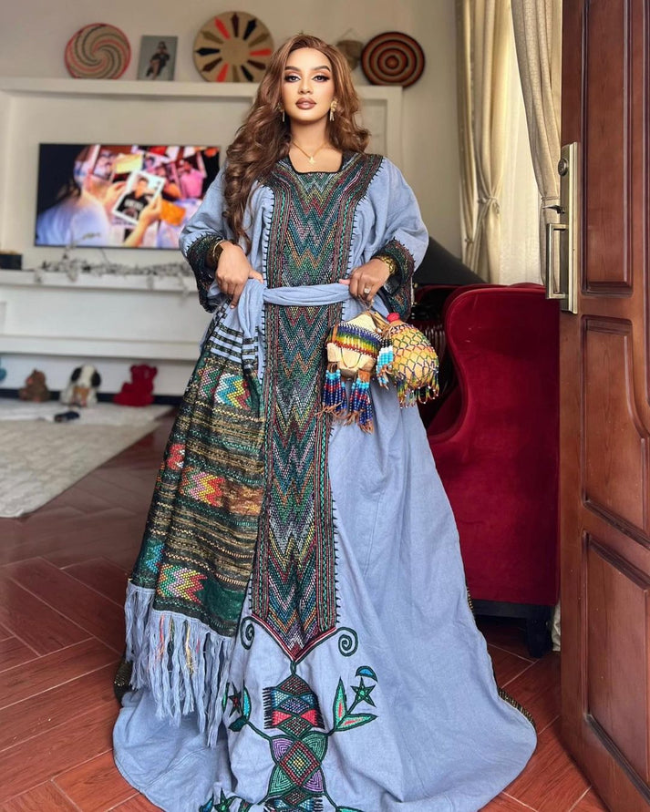 Luxurious Ivory & Royal Blue Handmade Habesha Dress for Special Events main image 1