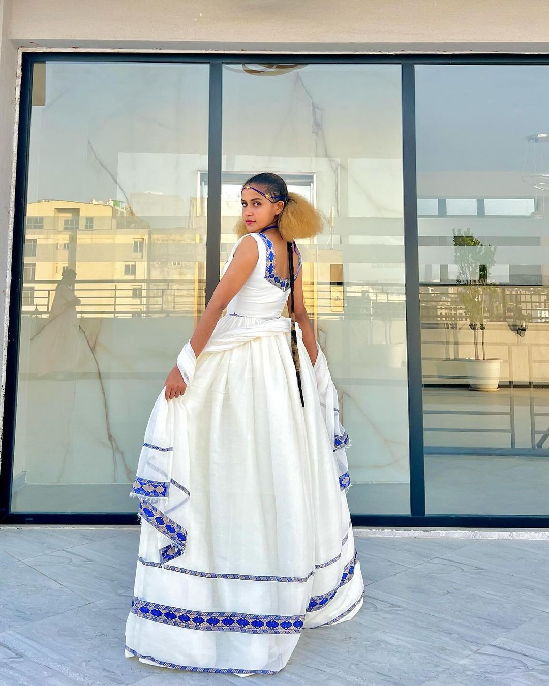Vibrant Modern Habesha Dress - Ethiopian Traditional Attire with Multi-Color Patterns main image 1