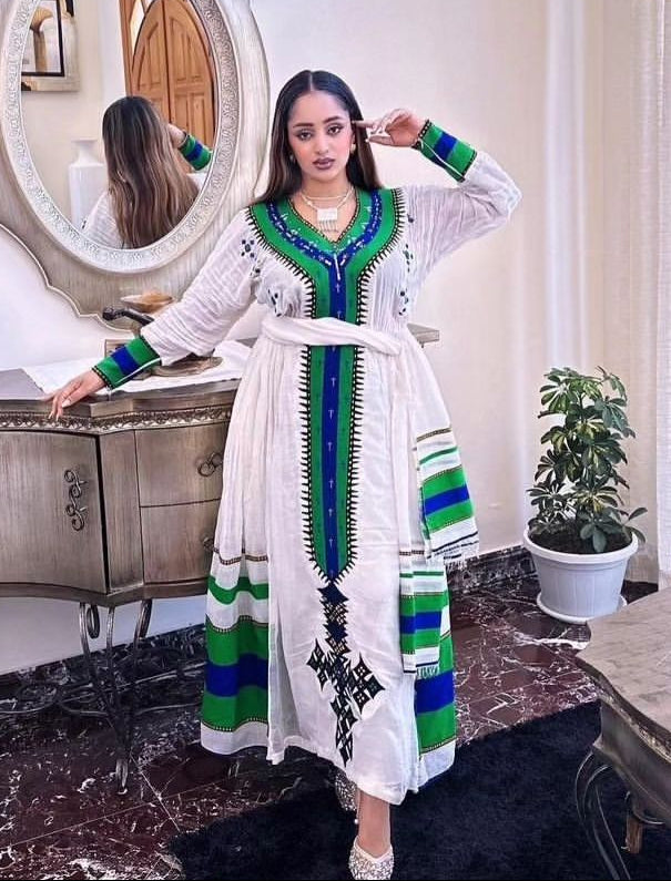 Fresh Green & White Habesha Dress - Traditional Ethiopian Attire for Festive Gatherings