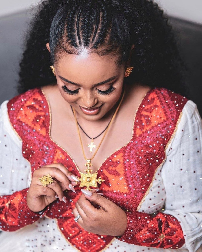Cheerful White & Bright Red Traditional Habesha Kemis with Matching Scarf
