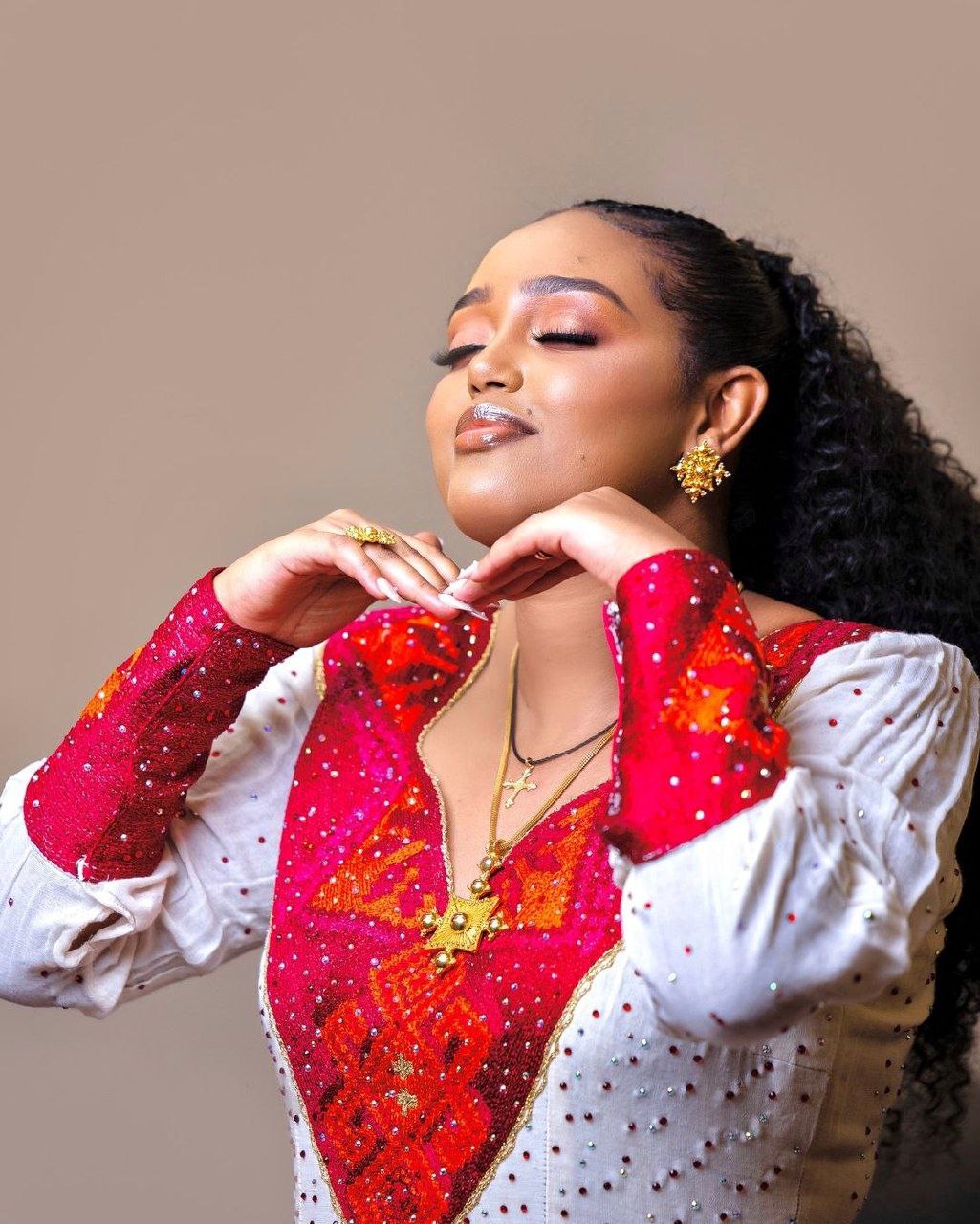 Exquisite Red Habesha Kemis Stunning Ethiopian Traditional Dress with Intricate Beadwork
