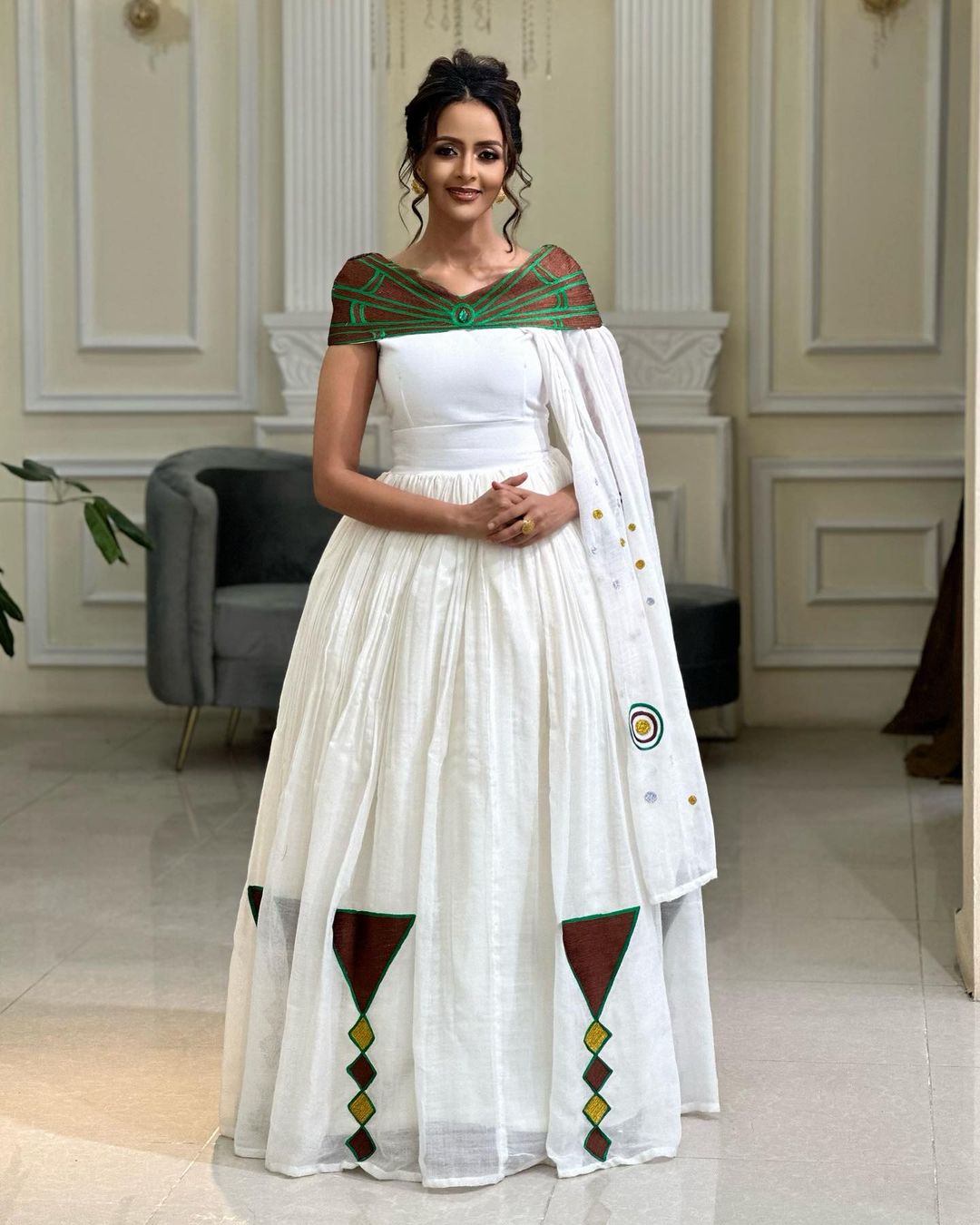 Stylish Modern Brown and Green Habesha Kemis 