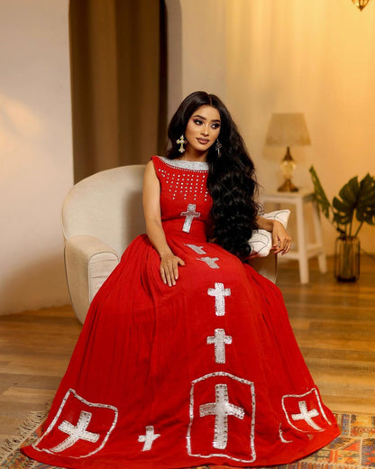 Shiny Red Modern Habesha Dress Design 