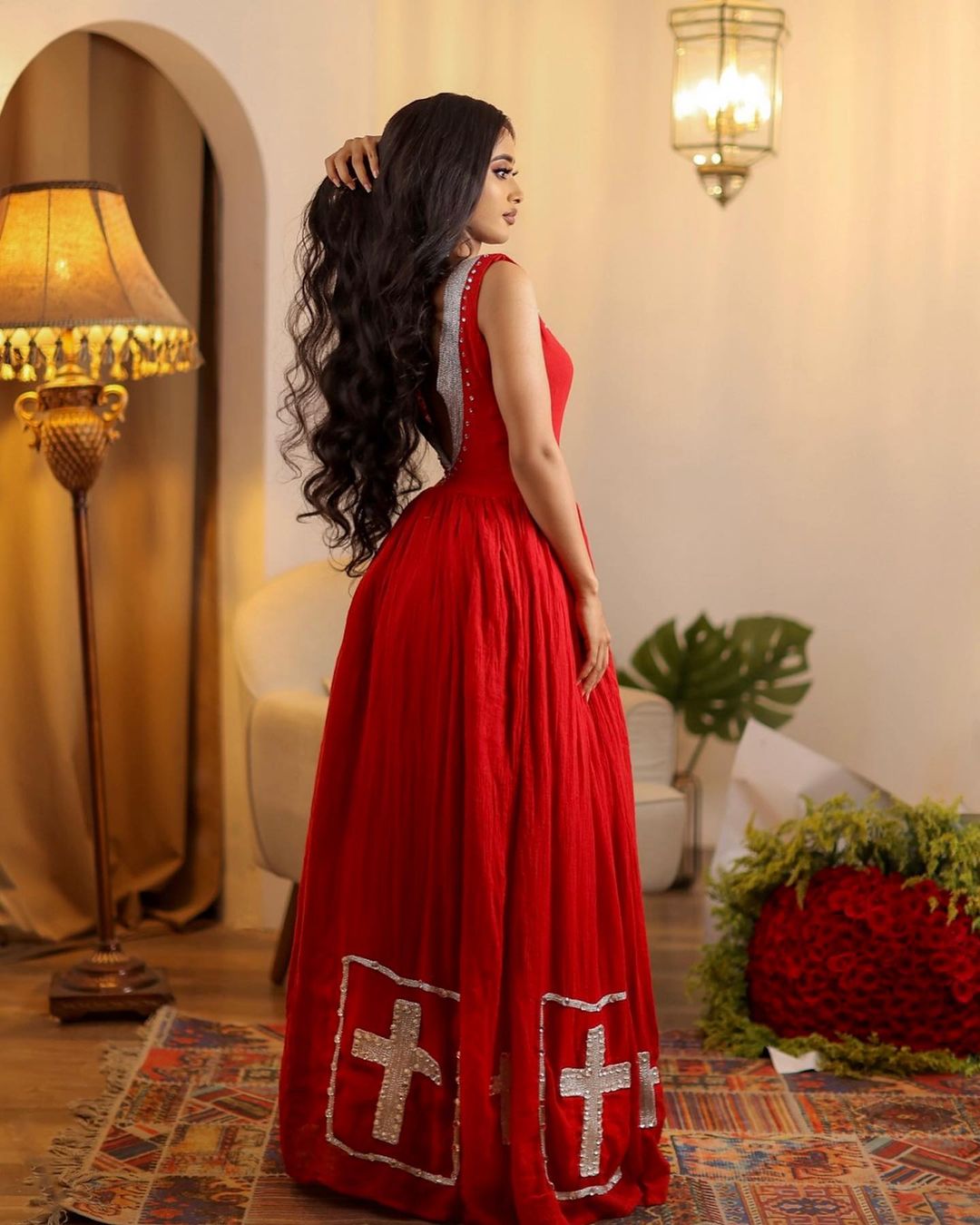 Shiny Red Modern Habesha Dress Design Silver Cross Beaded Ethiopian Traditional Dress