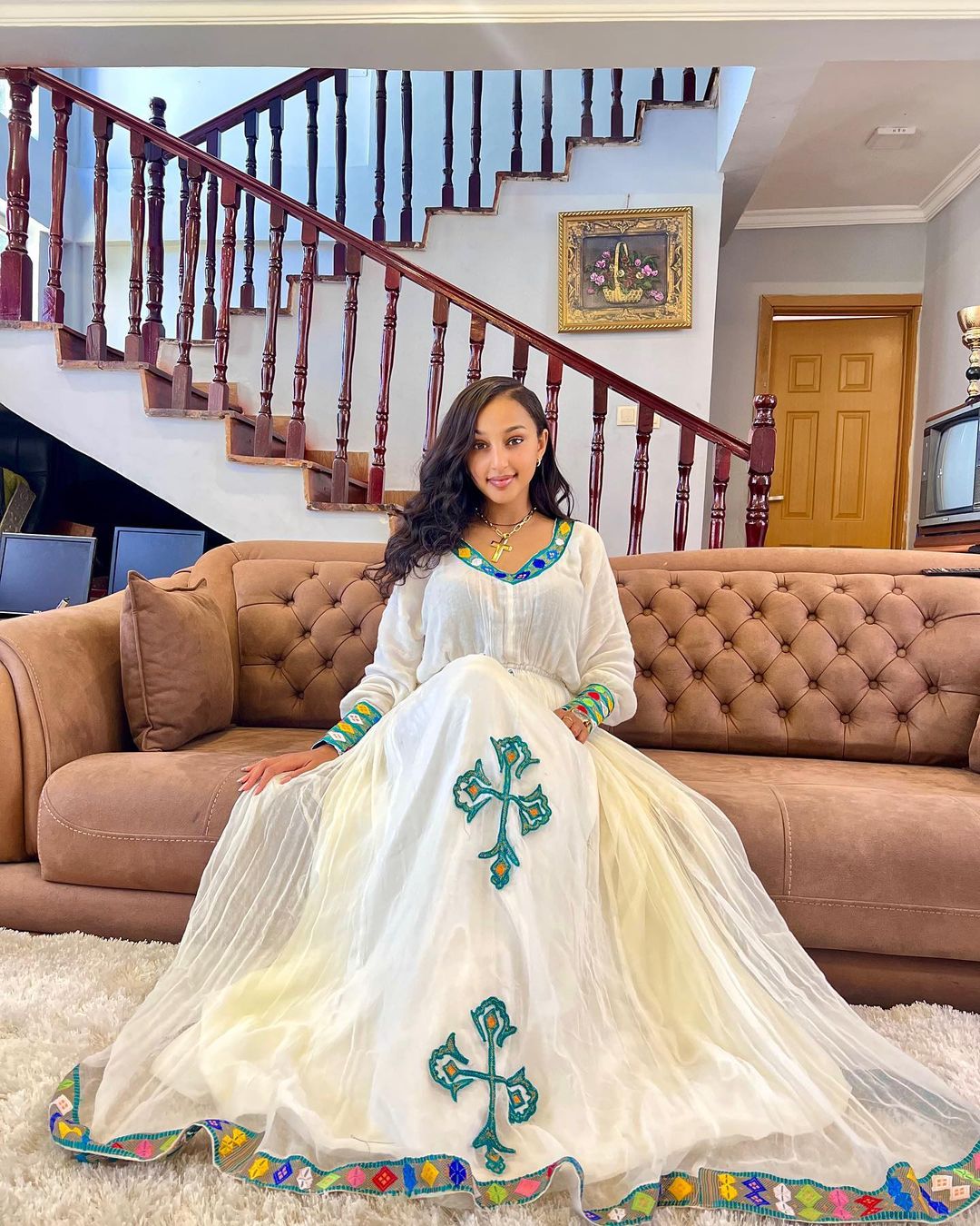 Simple Light Blue Design Habesha Dress