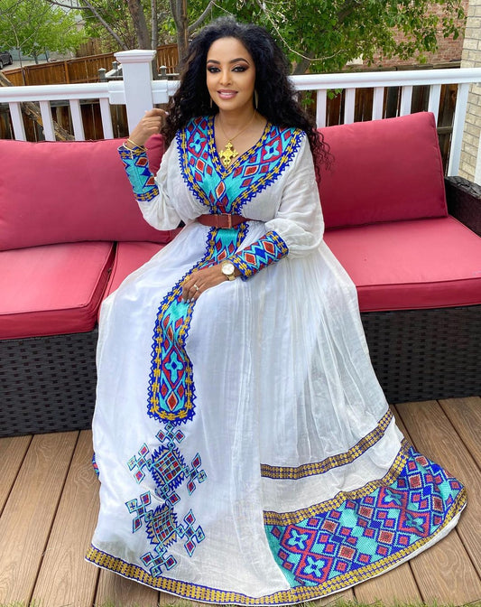 Elegant Modern Blue Pattern Habesha Kemis
