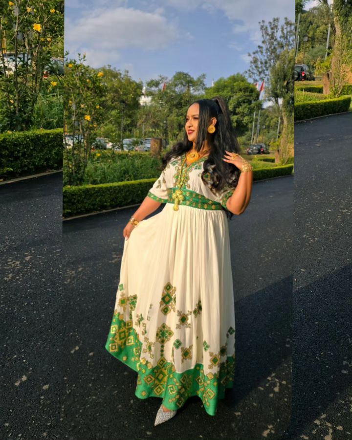 Radiant Green Habesha Dress Shimmering Habesha Kemis and Ethiopian Traditional Dress