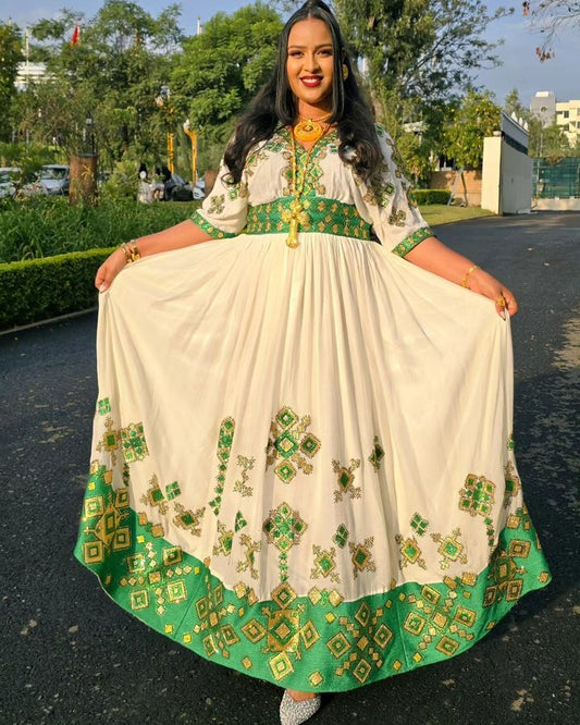 Radiant Green Habesha Dress Shimmering Habesha Kemis and Ethiopian Traditional Dress