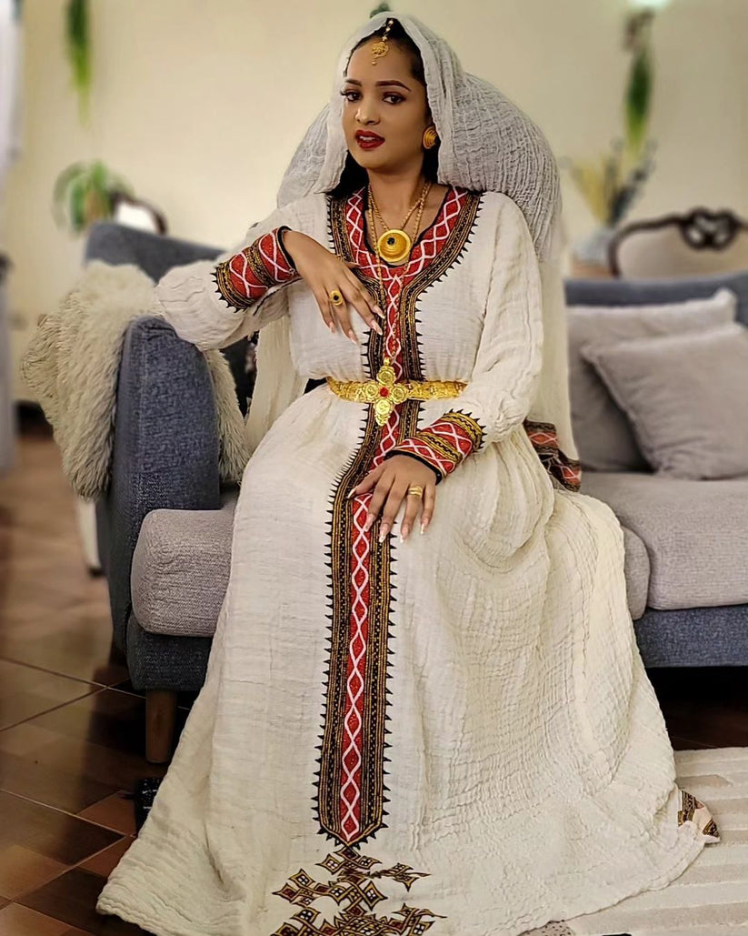 Cultural Ethiopian Dress with Red Tibeb – Traditional Habesha Wear main image 1