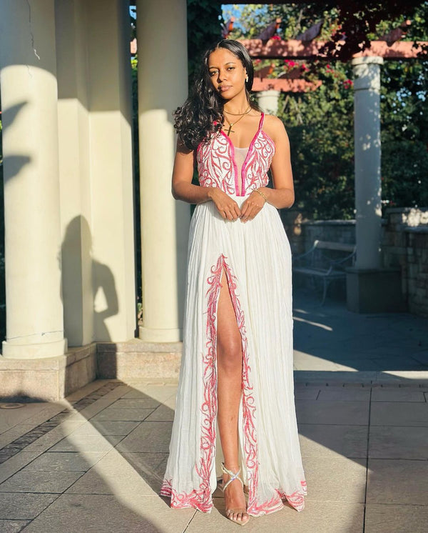 Chic Classic Habesha Dress - Modern Ethiopian Attire with Orange & Pink Embroidery